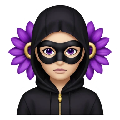 no visible face non human cartoon character related to a shadow, with all black clothes, focusing a black hoodie, and a black versace face mask covering his entire face, just his purple shadow eyes making a light bloom sticker