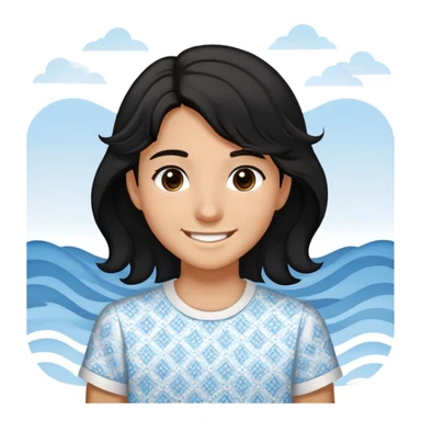 teenager with wavy black hair and dark brown slightly black eyes. wearing a white shirt with light blue patterns on the right and left. Expressing happiness while smiling sweetly  sticker