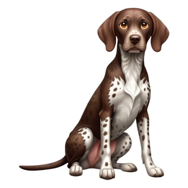 cinematic-[german pointer]-realistic-full-body-sitting-emoji,-tail-resting-loosely-beside-its-paws,-head-tilted-dramatically,-sleek-[brown and white spotted]-fur,-simplified-yet-realistic-focused-features,-highly-detailed,-glowing-with-an-almost-sarcastic-glow sticker