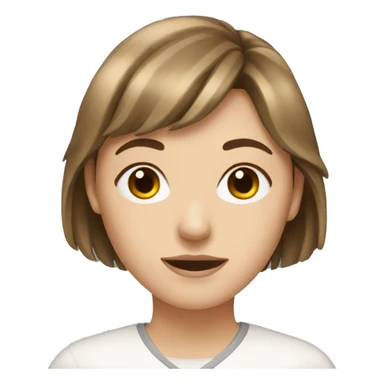 young white woman with brown hair and a fringe sticker