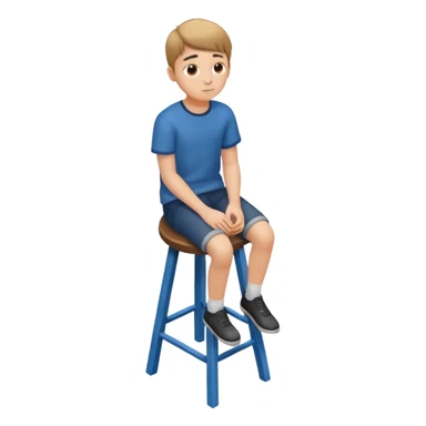 Generate a photorealistic image of a boy sitting on a stool. The scene is captured from a top-down perspective (bird's-eye view), looking directly down from above his head towards his feet. The background should be simple and clean. sticker
