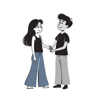 A girl with long brown hair holding the hand of a boy with short black hair, she wearing a black tank top with flared blue jeans, he wearing a black t-shirt with grey jeans, couple in love sticker