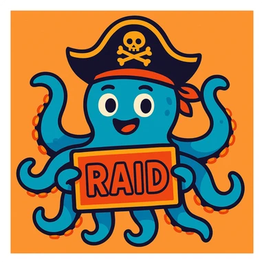 a blue octopus with a pirate hat, holding a RAID sign, playful, colorful style, vibrant and fun sticker