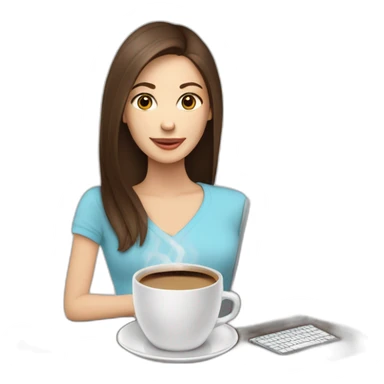 woman with long straight brown hair and pale skin using a laptop as a saucer for a large coffee mug sticker