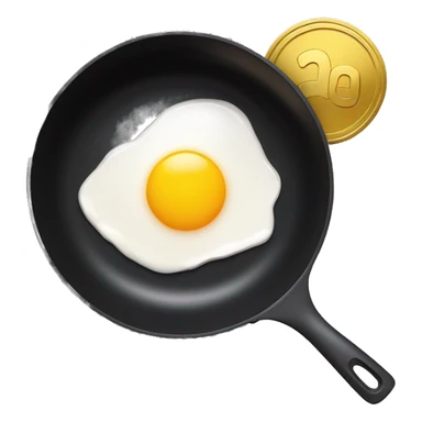A simple, emoji-style illustration of a black frying pan viewed from above, with a shiny gold coin at its center, designed to resemble a fried egg yolk. The coin has a smooth surface with subtle embossed details. sticker