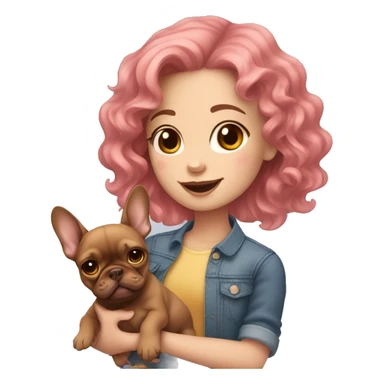  girl with medium pink wavy hair holding a brown french bulldog puppy  sticker