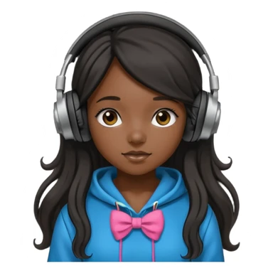 A black girl with long hair wearing a hoodie with headphones with bow sticker
