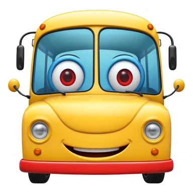 Front view of a bus with a cheerful smiling face, expressive eyes integrated into the windshield, glossy 3D animation style, Pixar-inspired, vibrant colors, soft shadows, cinematic lighting, ultra detailed, 4k render sticker