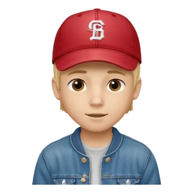 emoji of a teenage boy, straight blonde hair, wearing a baseball cap and jacket, friendly expression sticker