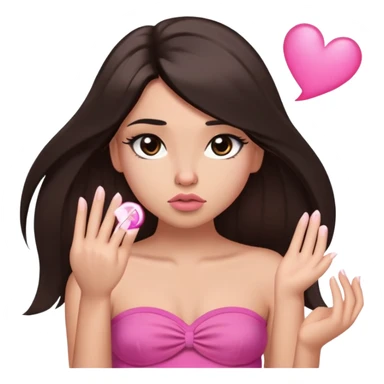 girl with lighter skin, dark brown long straight hair falling in front of her body, pouty shiny lips without cupid's bow, large eyes, lighter button nose, long oval-shaped face, wearing a pink bandeau top with straight neckline, looking directly at camera with hands down at sides sticker