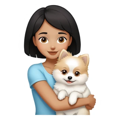 A black short-haired girl happily hugs a white Pomeranian sticker