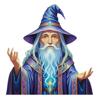 A luminescent enchanting Wizard stands beside an alter, his ethereal presence shimmering with otherworldly energy, each detail radiating with mystical power and ancient wisdom. The painting, a masterpiece of acrylic art, captures the Wizards hauntingly beautiful visage in exquisite detail. Swirls of cosmic colors dance around him, evoking a sense of celestial wonder, while intricate patterns of glowing runes adorn his intricate robe. The image is vivid and captivating, drawing viewers into a mesmerizing realm of fantasy and magic. sticker