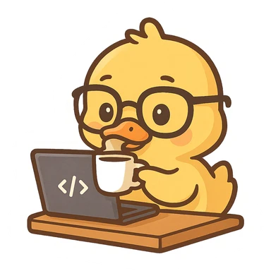 developer duck with glasses sipping coffee at a desk sticker
