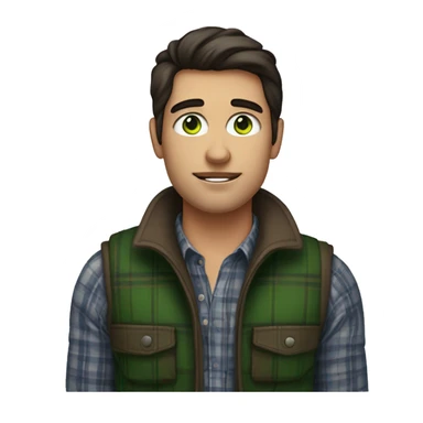 green-eyed guy with dark hair in a plaid shirt and a warm vest with plump lips and big necks sticker