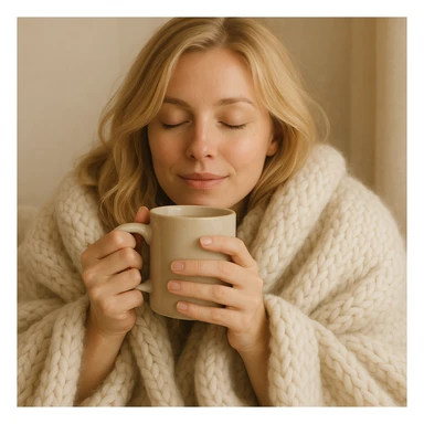 blonde woman snuggled in a blanket, sipping coffee, eyes closed, relaxed and content, soft and cozy style sticker