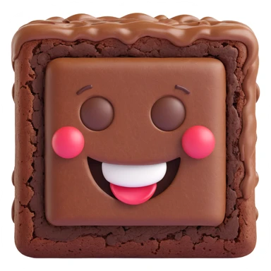 3D chocolate brownie with a big smiley face, realistic texture, soft lighting sticker