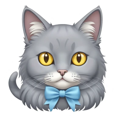 a grey cat with yellow eyes and a light blue full-length bow sticker