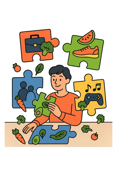 a person is surrounded by puzzle pieces, each representing a different aspect of their life (work, exercise, family, leisure), and healthy foods are integrated into each piece. The person assembles the puzzle, creating a complete, personalized nutrition plan. The mood is uplifting and creative. in italiano sticker