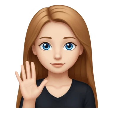 A girly girl with long eyelashes, very long light brown hair, blue eyes, with her palm up. with black undershirt sticker