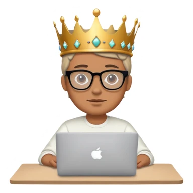 Man in glasses with crown on his head sat at the desk with MacBook  sticker