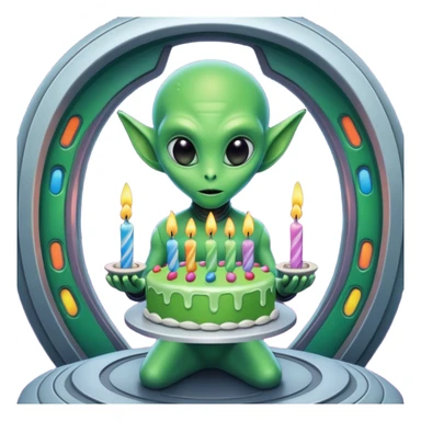 A detailed alien holding a colorful birthday cake with lit candles, standing inside a futuristic spaceship, cinematic lighting, ultra realistic textures, high resolution, dramatic shadows, sci-fi atmosphere
 sticker