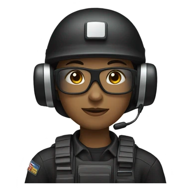 operator dressed in black with a milatary helmet, without glasses, wearing a headset, ready to respond to alerts, preferably female white sticker