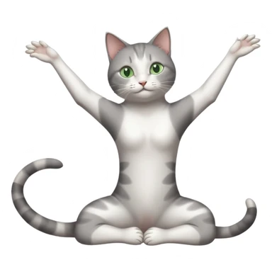 grey and white cat with green eyes doing a big extremely long stretch reaching up into the air with arms and legs side by side together straight and overextended sticker