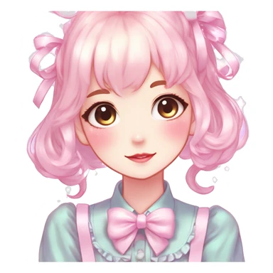 Gorgeous pastel anime style lady with blushing face with sparkly bow tie idol model cottagecore fairycore pastelcore shiny colorful pearly petite simplistic aesthetic trending style sticker
