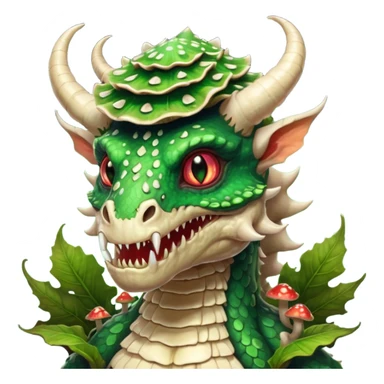 poisonous mushroom dragon beast portrait, head and shoulders only, face covered in mushroom plates, glowing green spores, fungal horns, mushroom cap scales, fantasy creature, 3D cartoon, mobile game icon style, clean background, no text, no watermark

 sticker