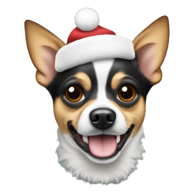 a dog that's a cross between a chihuahua and a jack russel, black, with grey in the face that is wearing a christmas hat sticker