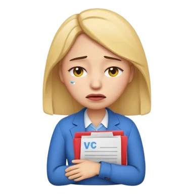  emoji character wearing a interview clothoes. face has a very sad crying, disappointed expression with drooping eyebrows and half-closed eyes. posture is dejected, with slumped shoulders. just rejected from  interview to get a job, holding CV. dont make it old person and make it woman. sticker