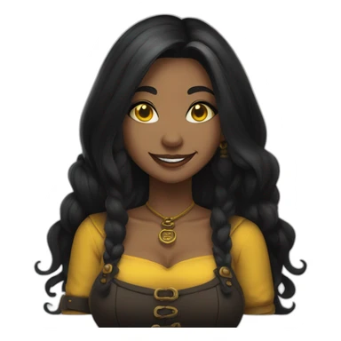 a woman, curvy, long black hair, yellow eyes, a septum piercing, tattoos, a black and yellow tavern keeper outfit, she laughs sticker
