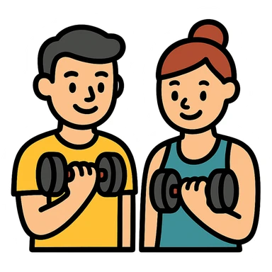 two friendly gym buddies working out together, simple and clear icon design sticker