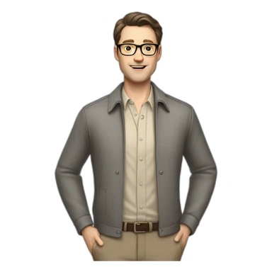Full height Pale skinned Fit Man With dark brown hair in gray classic jacket, beige office shirt, Brown pants and vintage glasses. Thrumbs of his palms upwards sticker