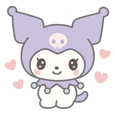 Kuromi character surrounded by small hearts, kawaii style sticker