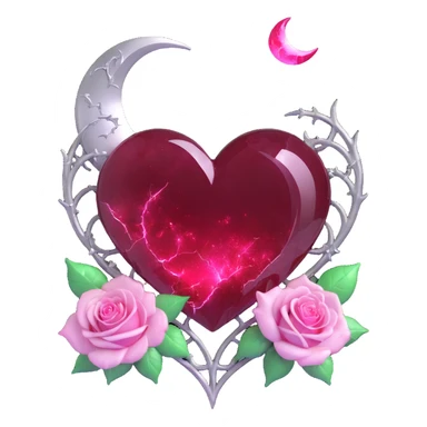 gothic heart made of ruby red glass, silver crescent moon, white roses, holographic stardust, neon pink lightning, drenched and splintered glass sticker