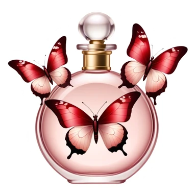 A luxurious glass perfume bottle in Soft Blush, reflecting soft light, as Crimson and Burgundy butterflies dance around it, creating an enchanting and ethereal atmosphere. sticker