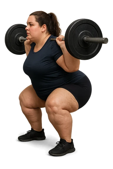 donna leggermente in sovrappeso con lipedema alle gambe che fa uno squat di profilo con bilanciere, IPERREALISTICA 4K sticker