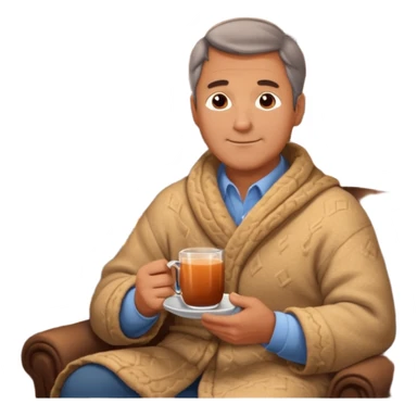 Cozy handsome middle aged man sitting next to a nice fireplace with a hot apple cider, blanket, and plate of chocolate cookies. sticker