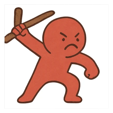 tiny red person, angry, holding a stick, playful illustration sticker
