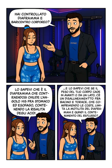 TRASFORMA QUESTO CAROSELLO IN UN FUMETTO STILE WEBTOON/MANGA A COLORI CON QUESTE DUE PERSONE IDENTICHE CHE INTERLOQUISCONO TRA LORO, L'uomo sta spiegando alla donna questo concetto:

LUI (UOMO): Hai controllato diaframma e baricentro corporeo?
LUI (UOMO): Lo sapevi che è il diaframma che contraendosi chiude l’angolo his fra stomaco ed esofago, contenendo la risalita degli acidi grassi?
LUI (UOMO): …e lo sapevi che se il peso del tuo corpo cade in avanti o da un lato, c’è un disallineamento fra bacino e torace, che comprimendo le coste, limita la motilità del diaframma e quindi il contenimento del reflusso? sticker