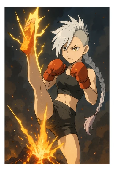 maiden, mohawk, long braid white hair with lavender and tips long messy bangs one side, gold yellow eyes, black crop top, with both fighting gloves up in defensive ready pose, delivering a lightning quick vertical upwards front kick with volcanic force sticker