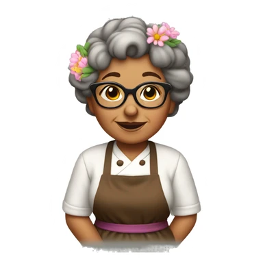 Little brown grandma with glasses in cooking apron with flowers sticker