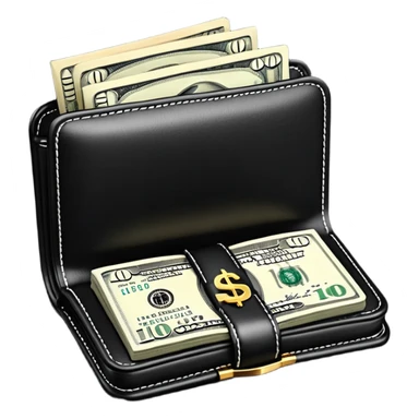 Rich emoji style black leather wallet with dollar bills, luxury money vibe, premium 3D emoji, ultra clean, high detail, no background sticker