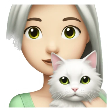 girl with pale skin, very long dark black hair and green eyes and light pink outfit hugging a white fluffy scottish cat sticker