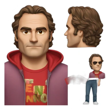 joaquin phoenix wearing a red t-shirt with text "N.E.N.N.O" sticker