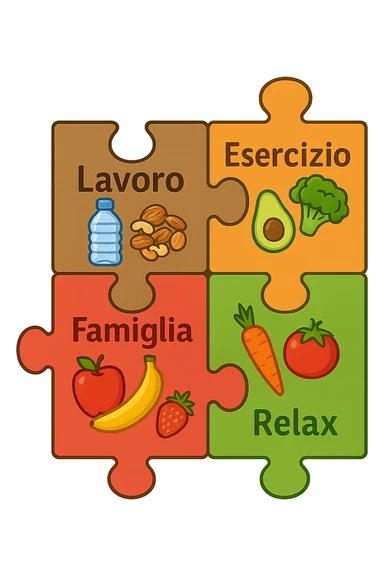 Puzzle (Lavoro, Esercizio, Famiglia, Relax), and healthy foods are integrated into each piece. in italiano sticker