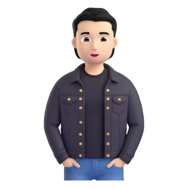 3D emoji style Microsoft, young man with black hair, wearing black t-shirt and black denim jacket, based on photo reference, neutral facial expression sticker