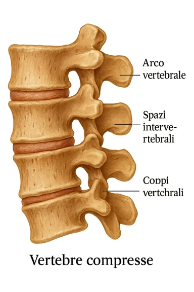 realistic anatomical image of compressed vertebrae only, lateral view, no background, clear anatomical details, captions in Italian, aspect ratio 2:3 sticker