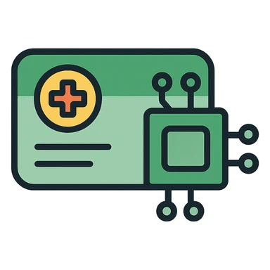 modern icon design for a clinic core application logo, green tones, combines a healthcard icon with a tech software element, contemporary and trustworthy sticker